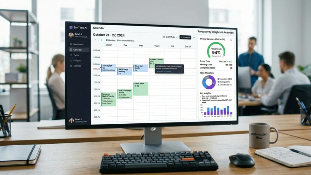 AI-powered calendar interface displaying automated task scheduling and productivity insights