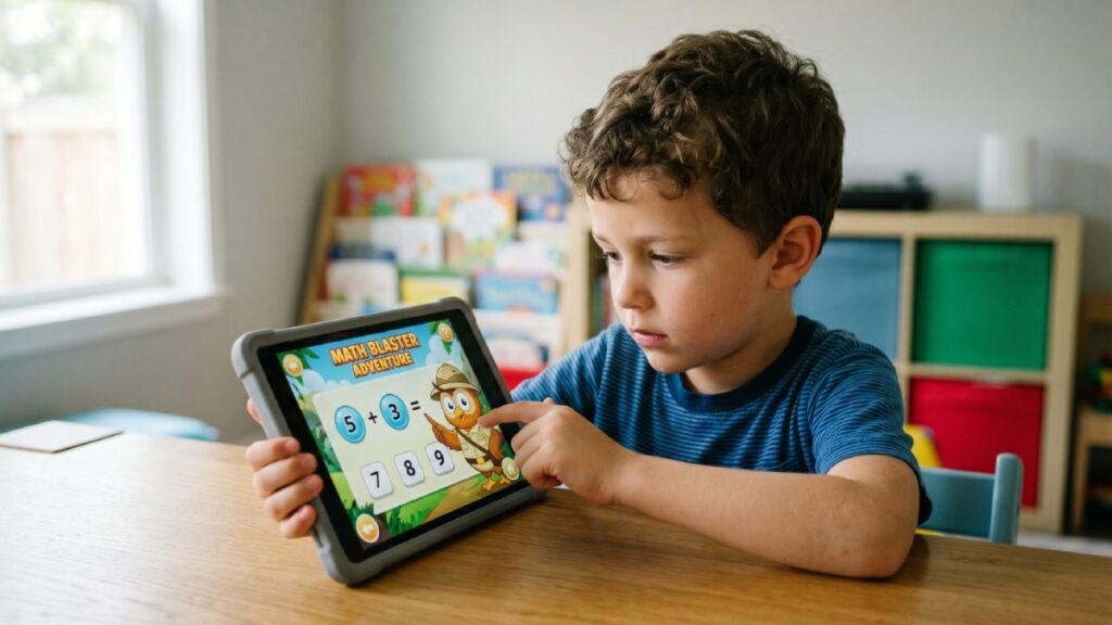 Child using a tablet with an educational math game interface