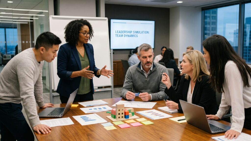 Corporate employees participating in a leadership training simulation