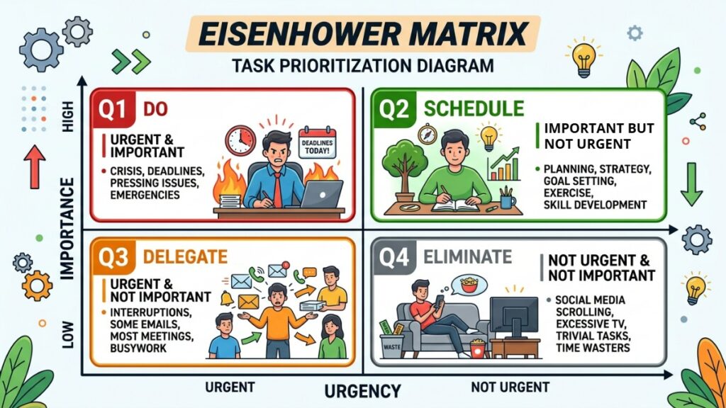 Illustrated Eisenhower Matrix diagram showing four quadrants for urgent and important task prioritization