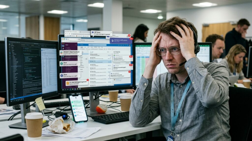 Employee overwhelmed by constant digital communication and work notifications