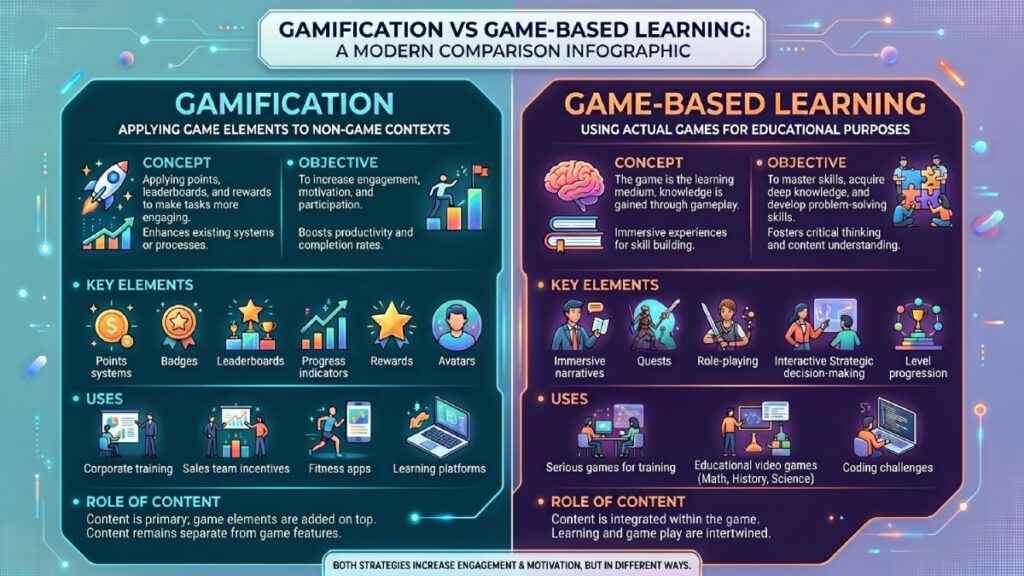Infographic comparing gamification and game-based learning