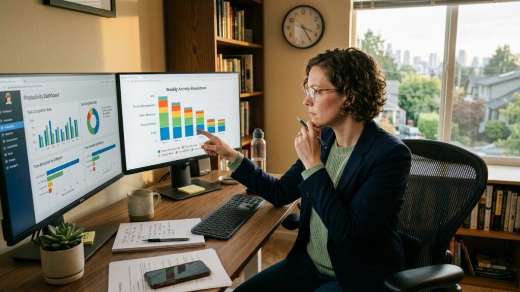 Professional reviewing time tracking data to improve work-life balance and productivity