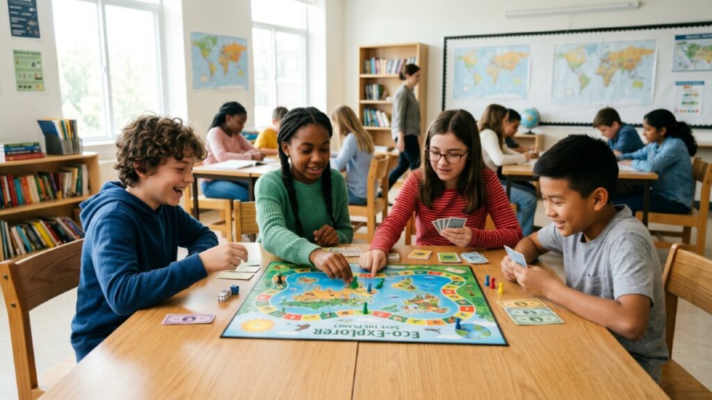 Students playing an educational board game in a classroom setting