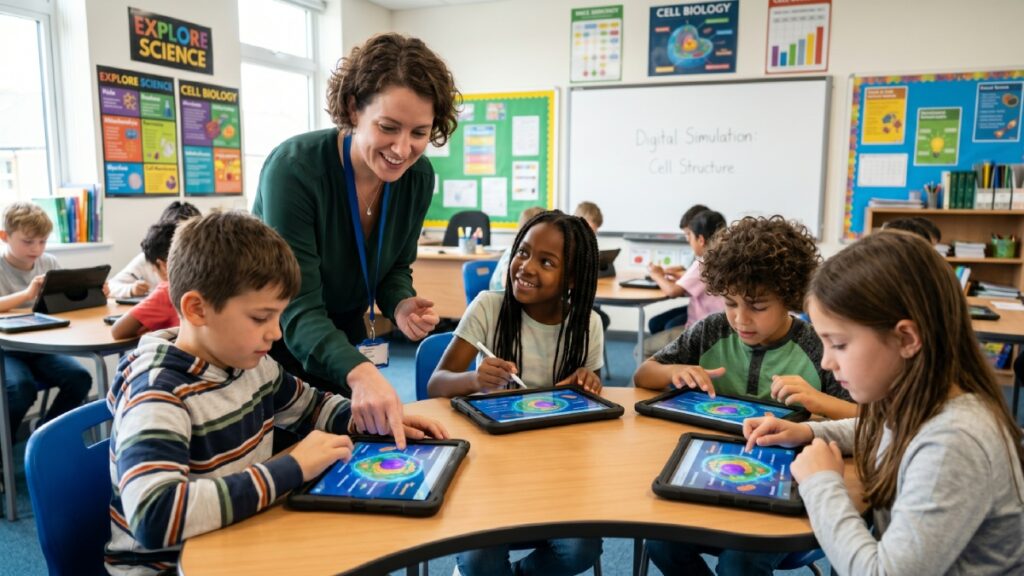 Teacher guiding students through a digital learning simulation on tablets