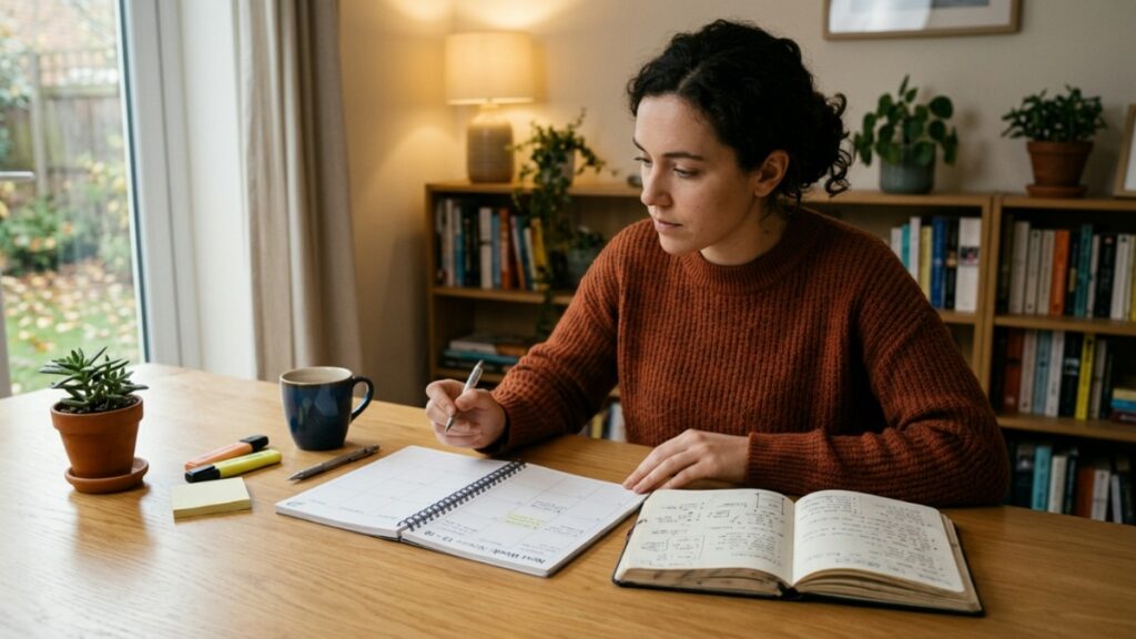 Person doing a weekly review with planner and notebook, planning the upcoming week in a quiet workspace