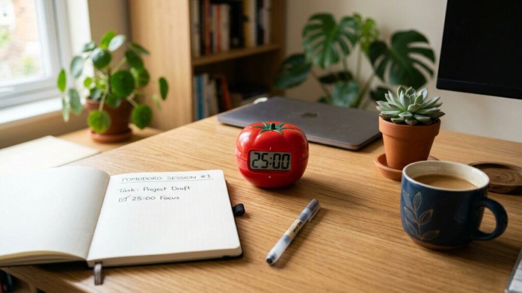 Timer set to 25 minutes on a clean desk representing the Pomodoro focus technique