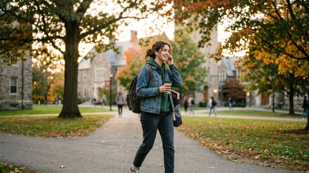 student exercise break outdoors campus energy management study