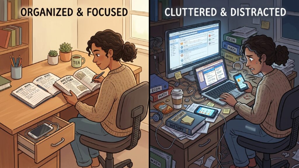 student focused single tasking time management desk setup